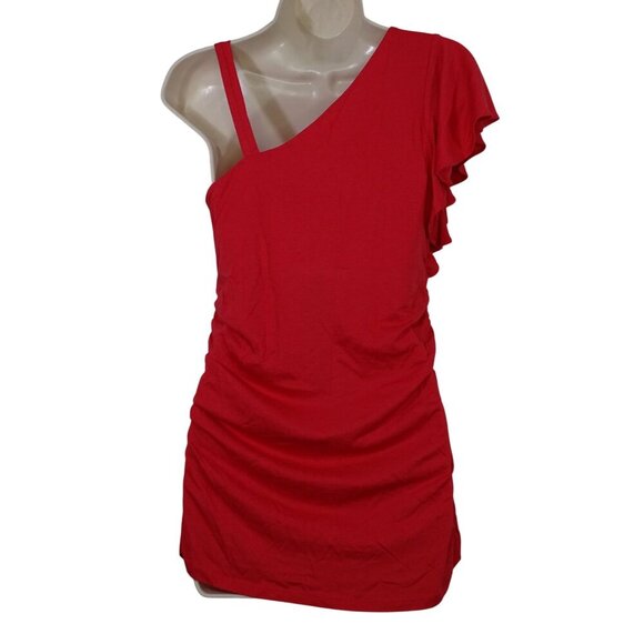 Bra Tops Red One Shoulder Top Women Size S Ruffle Sleeve Ruched Built In Bra - Picture 4 of 12
